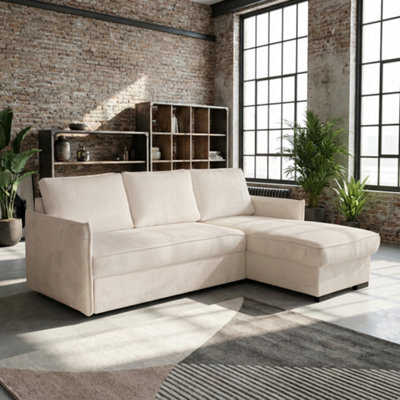 Megan Corner Sofa Bed For Living Room Polyurethane Foam Wave Spring Wooden Frame With Storage 220X90X160Cm Cream - image 1
