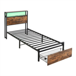 Abrihome 3Ft Single Metal Bed Frame With Led Lighting, Storage Drawer & Usb/type-C Ports 90X190Cm Black & Walnut For Teens And Adults - thumbnail 8