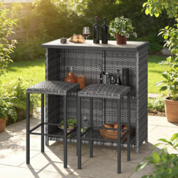 3-Piece Bistro Set, Pe Rattan Bar Table With 2 Bar Stools, Dpc Tabletop, Storage Shelves, For Home, Balcony, Kitchen - thumbnail 2
