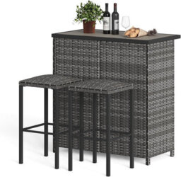 3-Piece Bistro Set, Pe Rattan Bar Table With 2 Bar Stools, Dpc Tabletop, Storage Shelves, For Home, Balcony, Kitchen - thumbnail 1