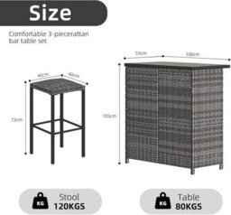 3-Piece Bistro Set, Pe Rattan Bar Table With 2 Bar Stools, Dpc Tabletop, Storage Shelves, For Home, Balcony, Kitchen - thumbnail 3