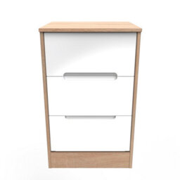 Turin 3 Drawer Bedside Cabinet In White Gloss & Bardolino Oak (Ready Assembled)