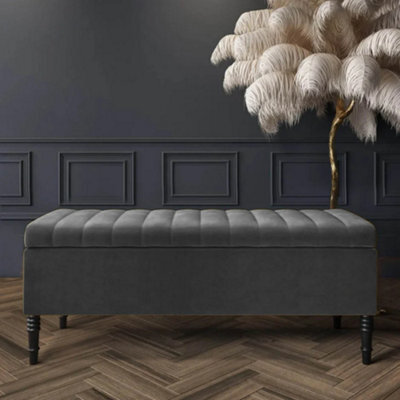 150Cm Paris Striped Ottoman Storage Bench- Plush Velvet Shoe Bench - Steel Grey Upholstery Footstool With Storage - image 1