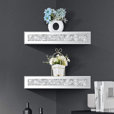 Deenz 2X Conner Shelf Crushed Diamond Mirrored Decorative Wall Shelf Triangle Corner Wall Shelves Crystal Glass Silver (Dez482)
