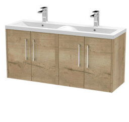 Hudson Reed Juno Wall Hung 4 Soft Close Door Vanity Unit With Double Basin, Modern Vanity Unit With Basin In Autumn Oak, 1200mm - thumbnail 4