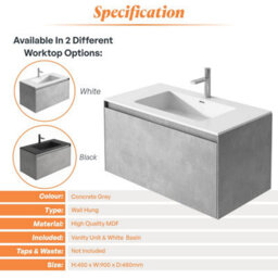 Plum&clay Rigel Concrete Grey Wall Hung Bathroom Vanity Unit With White Basin (W)900mm (H)450mm - thumbnail 6