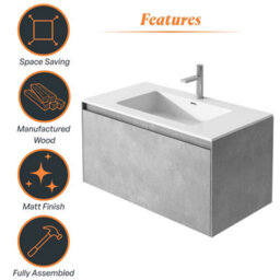 Plum&clay Rigel Concrete Grey Wall Hung Bathroom Vanity Unit With White Basin (W)900mm (H)450mm - thumbnail 7