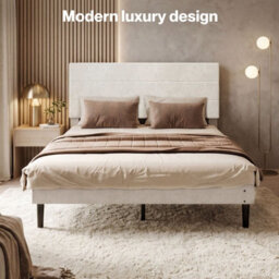 Levede King Bed Frame Upholstered Headboard Platform Velvet Foam White Fabric - thumbnail 9
