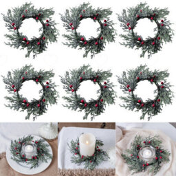 Amorly 6Pcs 10Inch Christmas Candle Ring Wreaths, Artificial Berry Mini Wreath Candle Holder, Festive Ornament For Christmas Decoration - thumbnail 1