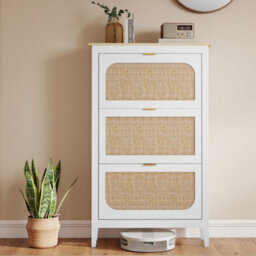 Homcom Boho Slim Shoe Cabinet With Rattan Doors, Holds 21 Pairs, White - thumbnail 9