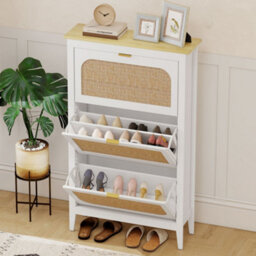 Homcom Boho Slim Shoe Cabinet With Rattan Doors, Holds 21 Pairs, White - thumbnail 8