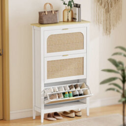 Homcom Boho Slim Shoe Cabinet With Rattan Doors, Holds 21 Pairs, White
