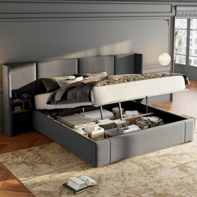 Abrihome Upholstered Super King Size Bed Frame With Hydraulic Storage, Usb Ports & Bedside Tables - Grey Velvet - image 1