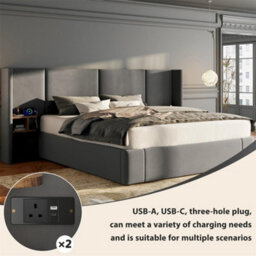 Abrihome Upholstered Super King Size Bed Frame With Hydraulic Storage, Usb Ports & Bedside Tables - Grey Velvet - thumbnail 2