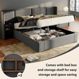 Abrihome Upholstered Super King Size Bed Frame With Hydraulic Storage, Usb Ports & Bedside Tables - Grey Velvet - thumbnail 4