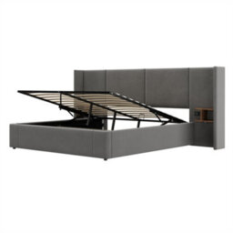 Abrihome Upholstered Super King Size Bed Frame With Hydraulic Storage, Usb Ports & Bedside Tables - Grey Velvet - thumbnail 6