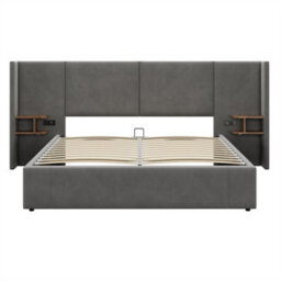Abrihome Upholstered Super King Size Bed Frame With Hydraulic Storage, Usb Ports & Bedside Tables - Grey Velvet - thumbnail 5