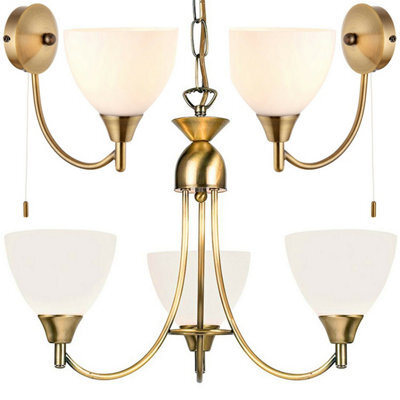 3 Lamp Ceiling & 2X Wall Light Pack Antique Brass Glass Matching Indoor Fittings - image 1