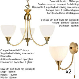 3 Lamp Ceiling & 2X Wall Light Pack Antique Brass Glass Matching Indoor Fittings - thumbnail 2
