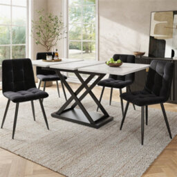 Abrihome 5-Piece Extendable Dining Set, White Marble Table (160X80Cm) & 4 Black Velvet Chairs, Seats 4 - thumbnail 1