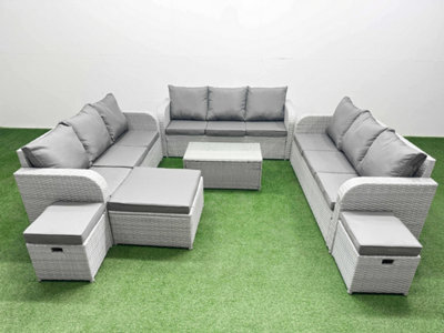 Fimous Pe Rattan Lounge Sofa Set 12 Seater Outdoor Garden Furniture Set Rectangular Coffee Table 3 Seater Sofa 3 Stools Light Grey - image 1