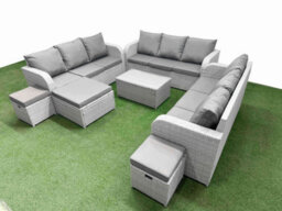 Fimous Pe Rattan Lounge Sofa Set 12 Seater Outdoor Garden Furniture Set Rectangular Coffee Table 3 Seater Sofa 3 Stools Light Grey - thumbnail 2