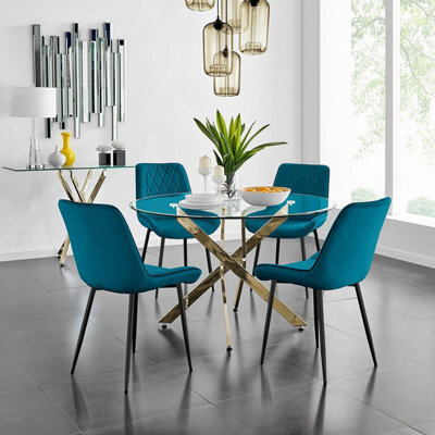 Furniturebox Uk Novara 120Cm Gold Round Dining Table And 4 Blue Pesaro Black Leg Chairs - image 1