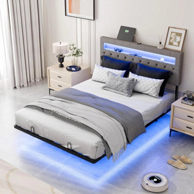 Floating Double Bed Frame W/ Led Lights & Upholstered Headboard,charging Station - image 1