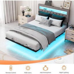 Floating Double Bed Frame W/ Led Lights & Upholstered Headboard,charging Station - thumbnail 6