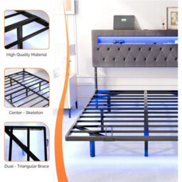 Floating Double Bed Frame W/ Led Lights & Upholstered Headboard,charging Station - thumbnail 5