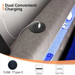 Floating Double Bed Frame W/ Led Lights & Upholstered Headboard,charging Station - thumbnail 3