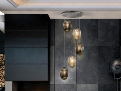 Luminosa Lighting Luminosa Ovila Modern Cluster Drop 5 Light Led Pendant Light, Oval Brandy & Smoke Grey Shades - Uk Stock - image 1
