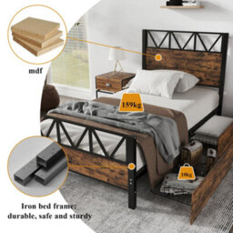 Btm 3Ft Single Metal Bed Black Wood Colour With Drawers Durable Frame For Adults And Teenagers - thumbnail 5