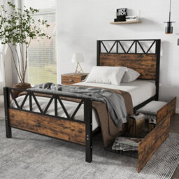 Btm 3Ft Single Metal Bed Black Wood Colour With Drawers Durable Frame For Adults And Teenagers - thumbnail 1