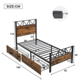 Btm 3Ft Single Metal Bed Black Wood Colour With Drawers Durable Frame For Adults And Teenagers - thumbnail 4