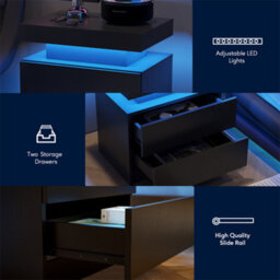 Abrihome Nightstand, Led Bedside Table Cabinet Lights Modern End Side With 2 Drawers For Bedroom, Black - thumbnail 2