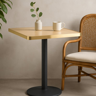 70Cm Square Oak Effect Bistro Table With Brushed Gold Edge & Round Pedestal Base Dining Table For Home, Cafe, Resturant - image 1