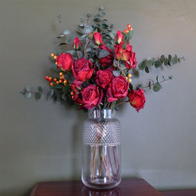 Leaf 60Cm Red Rose And Eucalyptus Glass Diamond Vase - image 1