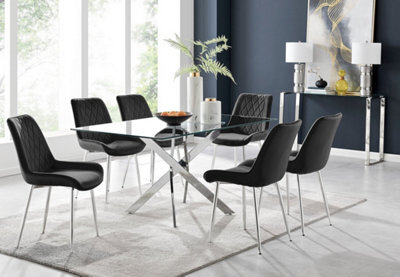 Furniturebox Uk Leonardo Glass And Chrome Metal Dining Table And 6 Black Pesaro Velvet Silver Leg Chairs - image 1