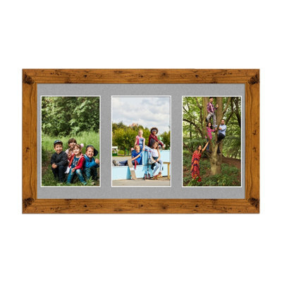 AK Frames 40X20Cm Rustic Oak Modern Multi Photo Frame With Silver Mount - Holds 3 Apertures (3X) 6X4 Photos - image 1