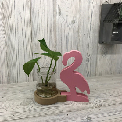 Serenityy Hydroponic Home Décor Pink Flamingo Pot - Recycled Glass, Metal And Wood Tabletop Vase For Small Plants And Flowers - image 1