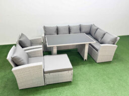 Fimous Outdoor Garden Furniture Sets 9 Seater Wicker Rattan Corner Sofa Sets With Dining Table Big Footstool Light Grey