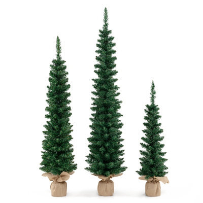 Costway Set Of 3 Pre-Lit Artificial Christmas Trees 3/4/5 Ft Slim Pencil Xmas Tree W/ Burlap Base - image 1