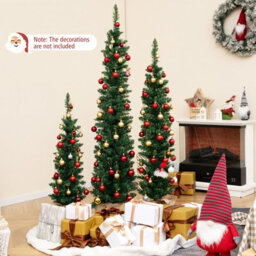 Costway Set Of 3 Pre-Lit Artificial Christmas Trees 3/4/5 Ft Slim Pencil Xmas Tree W/ Burlap Base - thumbnail 3