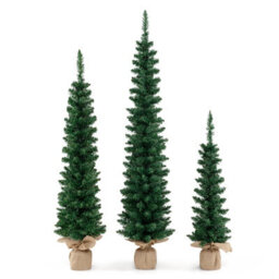 Costway Set Of 3 Pre-Lit Artificial Christmas Trees 3/4/5 Ft Slim Pencil Xmas Tree W/ Burlap Base - thumbnail 1