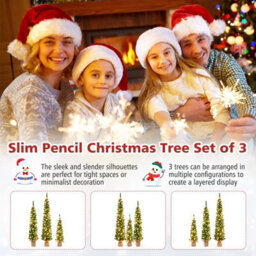 Costway Set Of 3 Pre-Lit Artificial Christmas Trees 3/4/5 Ft Slim Pencil Xmas Tree W/ Burlap Base - thumbnail 7