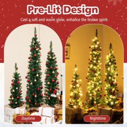 Costway Set Of 3 Pre-Lit Artificial Christmas Trees 3/4/5 Ft Slim Pencil Xmas Tree W/ Burlap Base - thumbnail 6