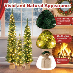 Costway Set Of 3 Pre-Lit Artificial Christmas Trees 3/4/5 Ft Slim Pencil Xmas Tree W/ Burlap Base - thumbnail 5
