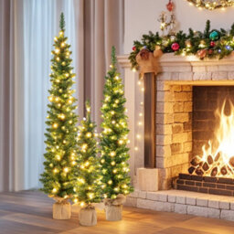 Costway Set Of 3 Pre-Lit Artificial Christmas Trees 3/4/5 Ft Slim Pencil Xmas Tree W/ Burlap Base - thumbnail 4