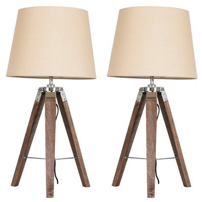 Valuelights Clipper Pair Of Distressed Wood And Silver Chrome Tripod Table Lamps With Beige Light Shades - image 1